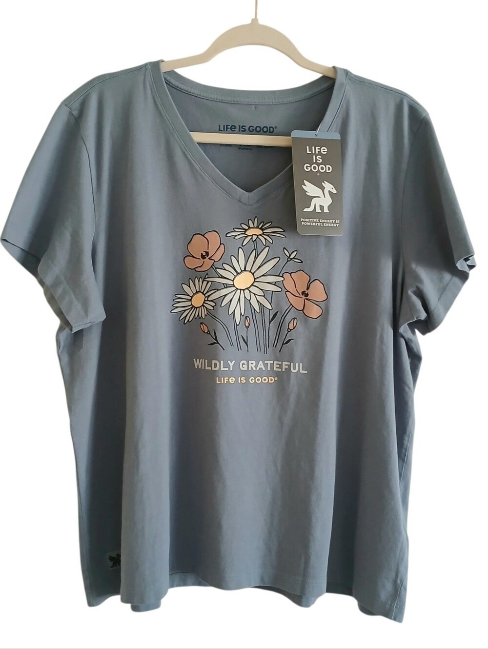 NEW LIFE IS GOOD Wildly Grateful Wildflower Tee Women's XL Blue Relaxed Fit Peru